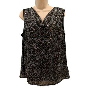 Black Sequined Sleeveless Top Tank Draped Neck Blouse Size L Joan Rivers Holiday